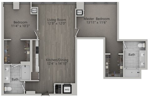 Floor plan for 2 beds, 2 baths, 1133 sqft